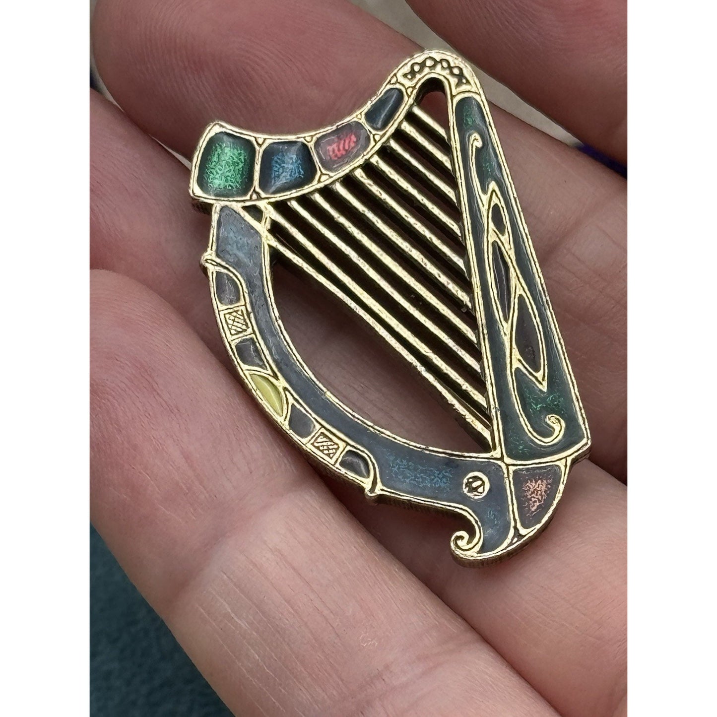 Vintage Irish Harp Brooch Enamel Goldtone Celtic Music Pin 1.5”