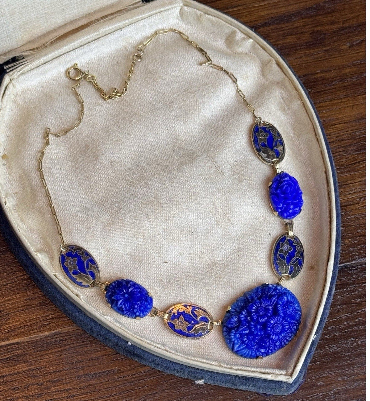 Vintage Czech Necklace Blue Pressed Glass Floral Enamel Goldtone Art Deco 16”