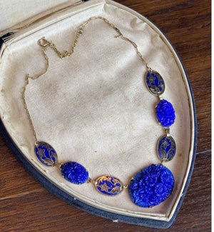 Vintage Czech Necklace Blue Pressed Glass Floral Enamel Goldtone Art Deco 16”