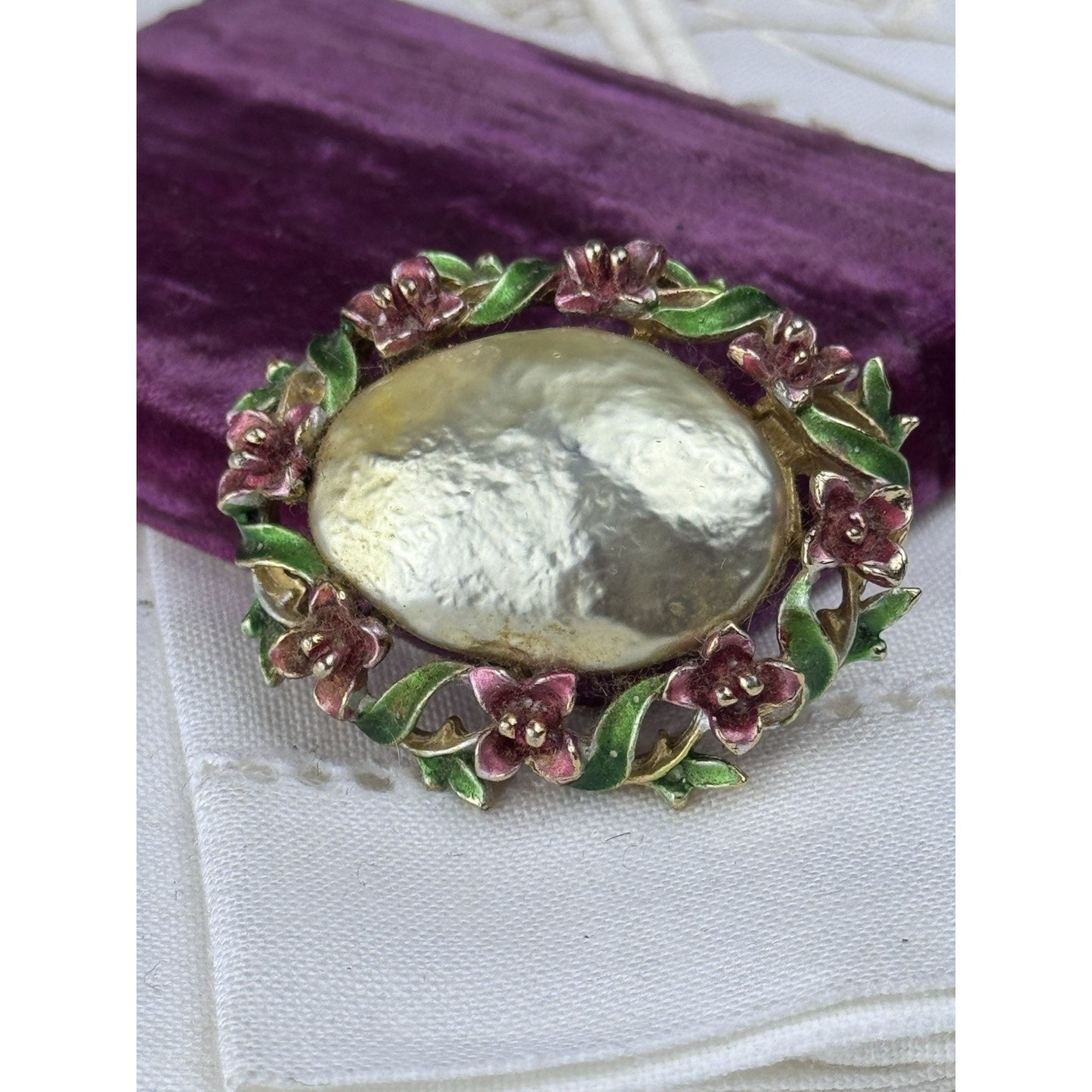 Vintage Goldtone Faux Baroque Pearl Brooch Enamel Floral Signed ART 1.75”