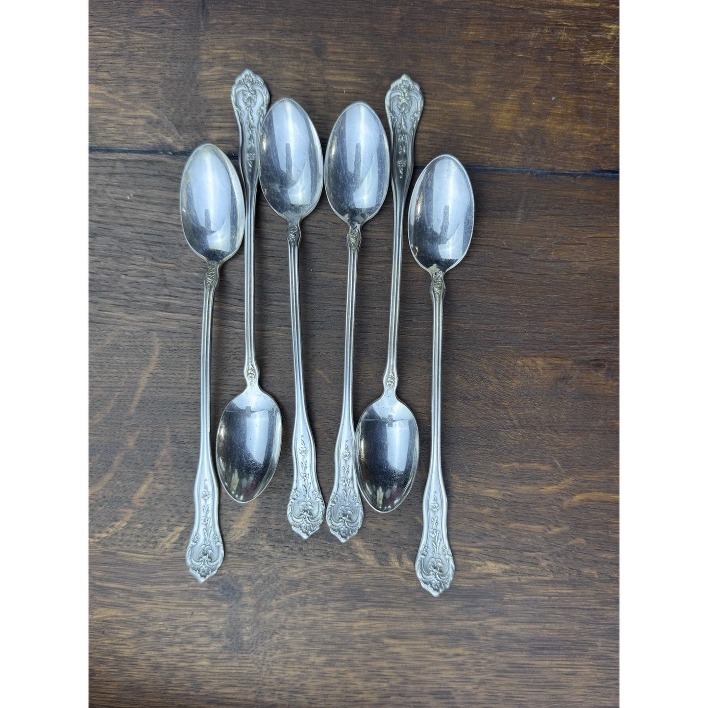 Vintage Extra Coin Silver Plate Iced Tea Spoons Set 6 Floral 7.5”