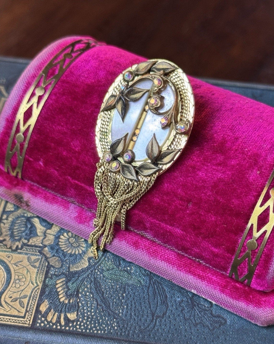 MARENA Brooch Pendant Goldtone Tassel Rhinestone Handmade Germany Vintage 2.75”