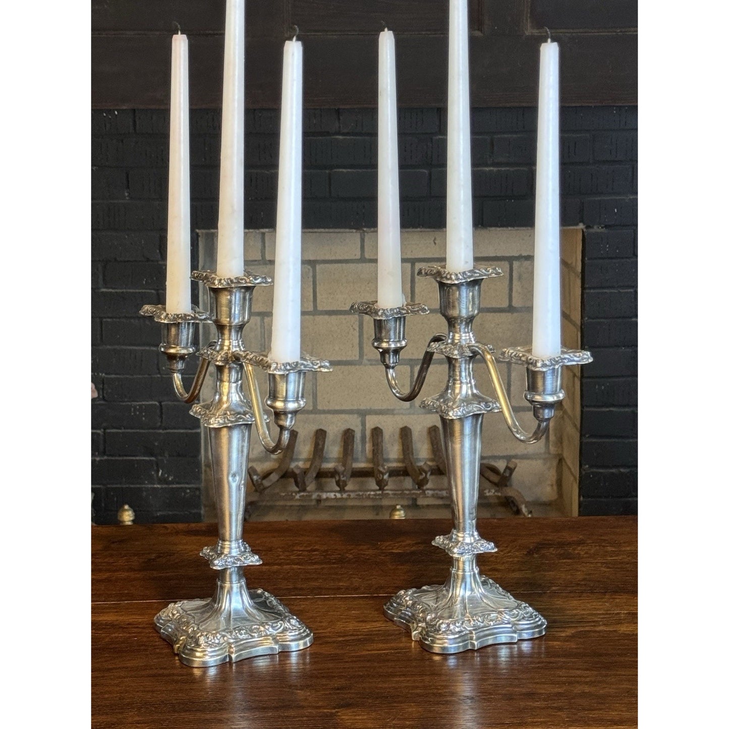 Silverplate Candelabra Pair Antique Repoussé 3-Light Ornate 12”h DENTS