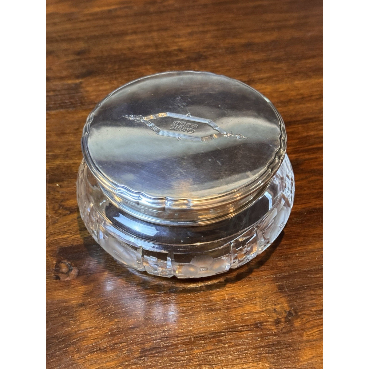 Art Deco Antique Crystal Jewelry Box Sterling Silver Lid Vanity 5.5”