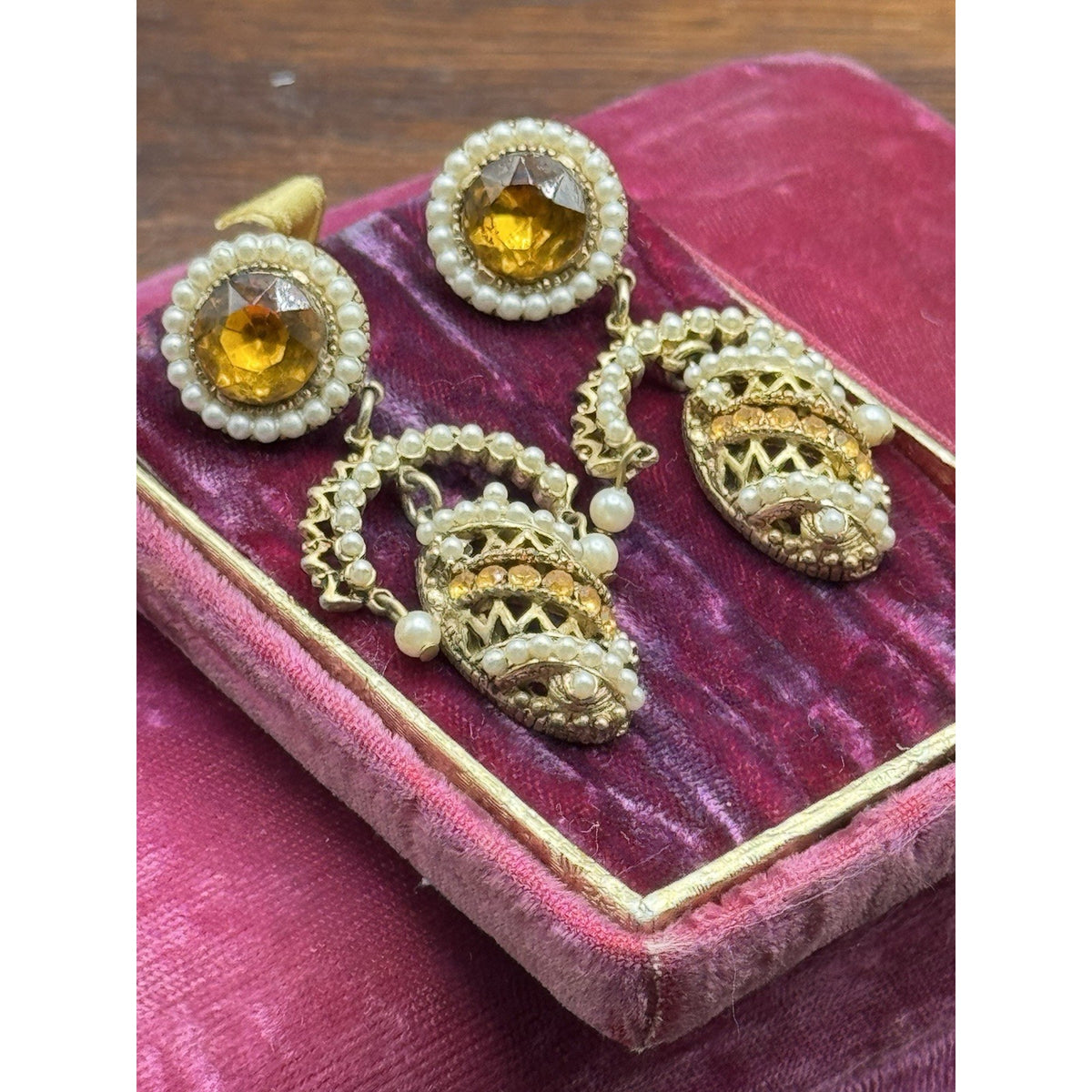 Vintage Clip-On Earrings Faux Pearl Amber Rhinestone Dangle Goldtone 2.5”