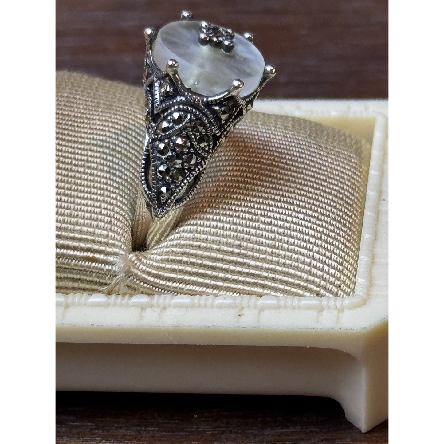 Sterling Silver Camphor Glass Marcasite Ring Size 6.75 Art Deco Style