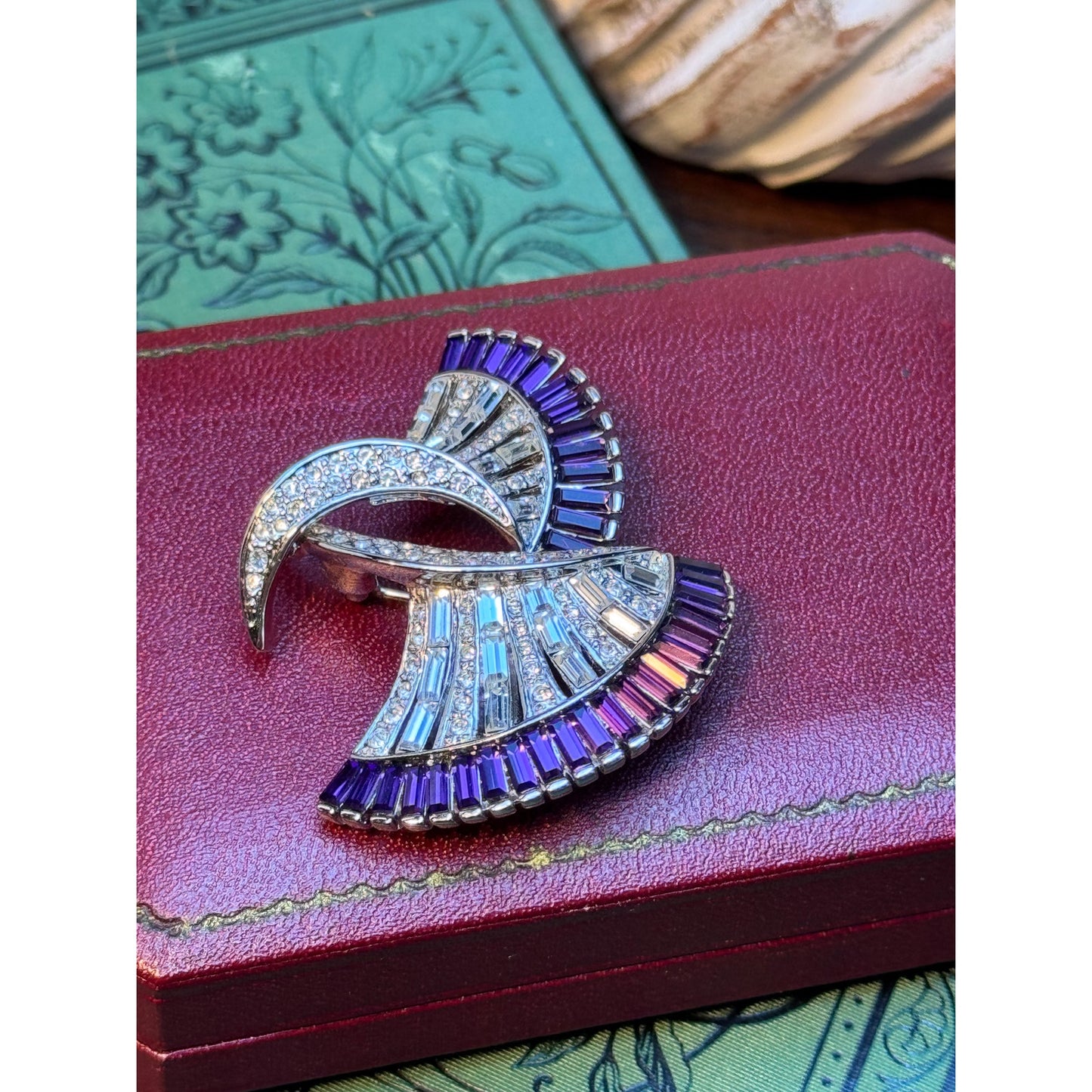 Vintage Blue Rhinestone Brooch Floral Ribbon Bow Statement