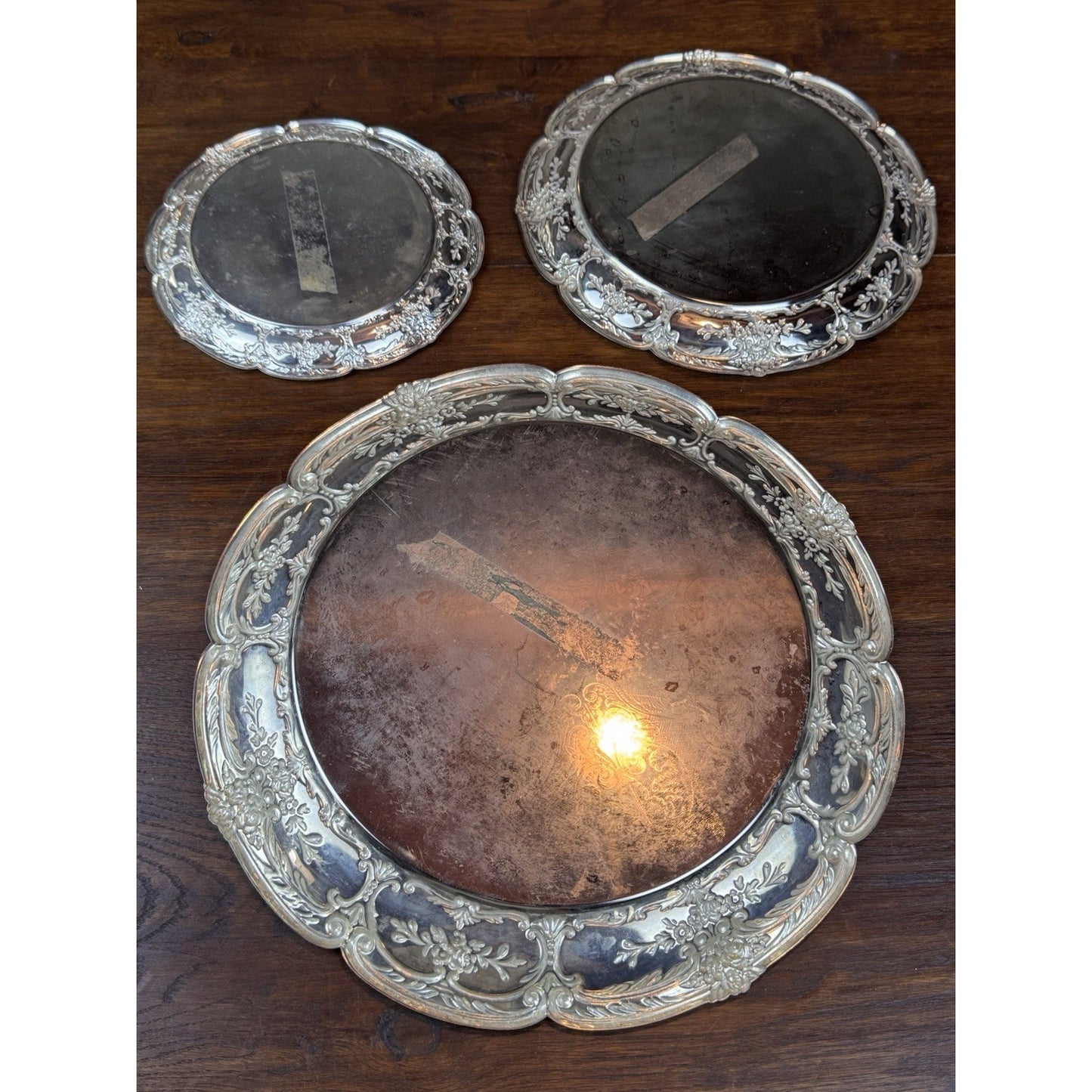 Silverplate Trays Set of 3 Leonard Repoussé Floral 14.5” 10.5” 8” VINTAGE