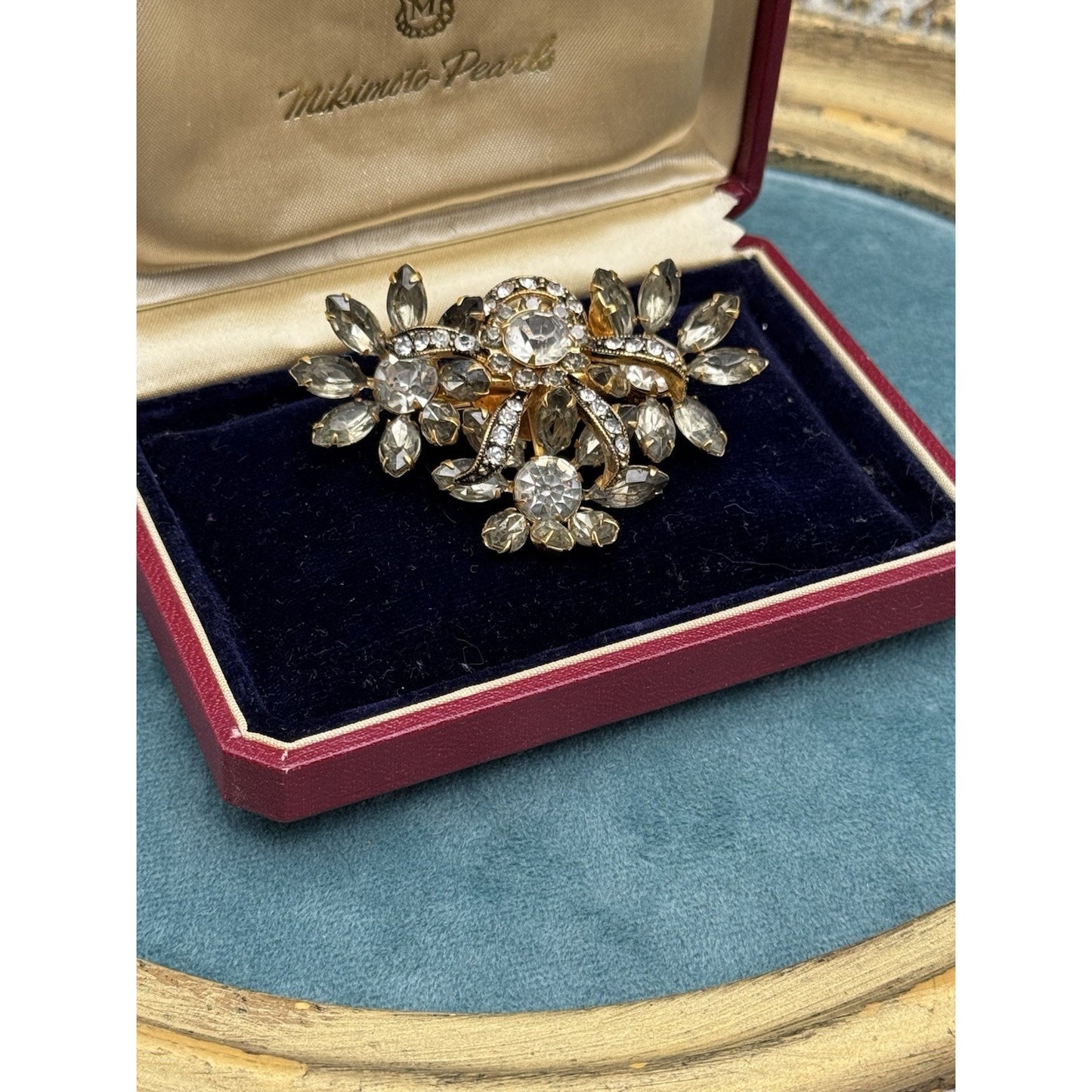 Vintage Brooch Rhinestone Goldtone Gray Clear Floral Spray 2 3/8” Estate