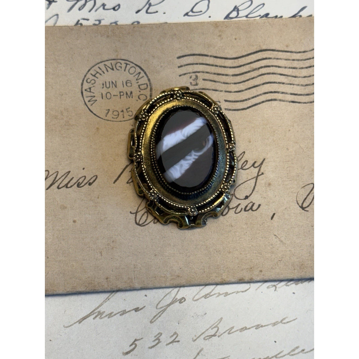 Original by Robert Victorian Revival Black & White Glass Cameo Brooch Pendant