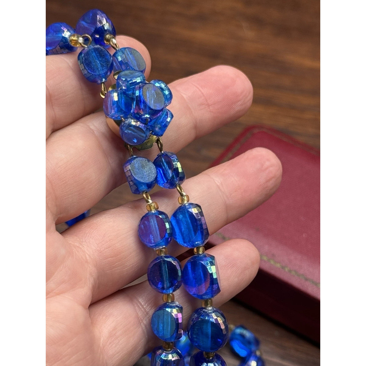 Vintage Blue Lucite AB Bead Necklace Double Strand Faceted Beads 19.5”