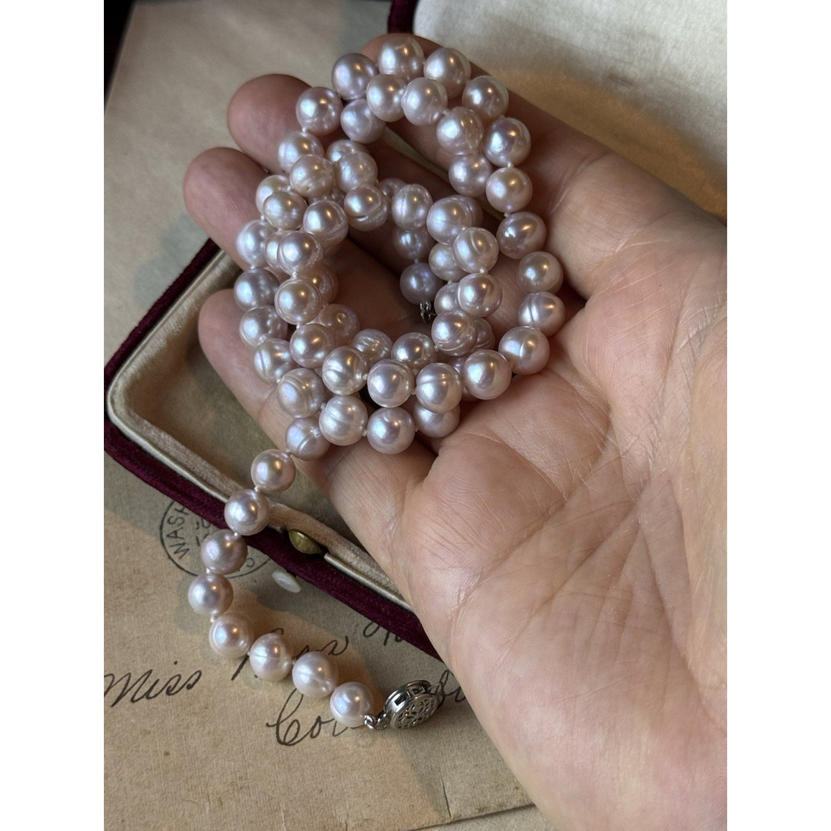Pink Cultured Pearl Necklace 7mm Knotted Filigree Clasp 24”