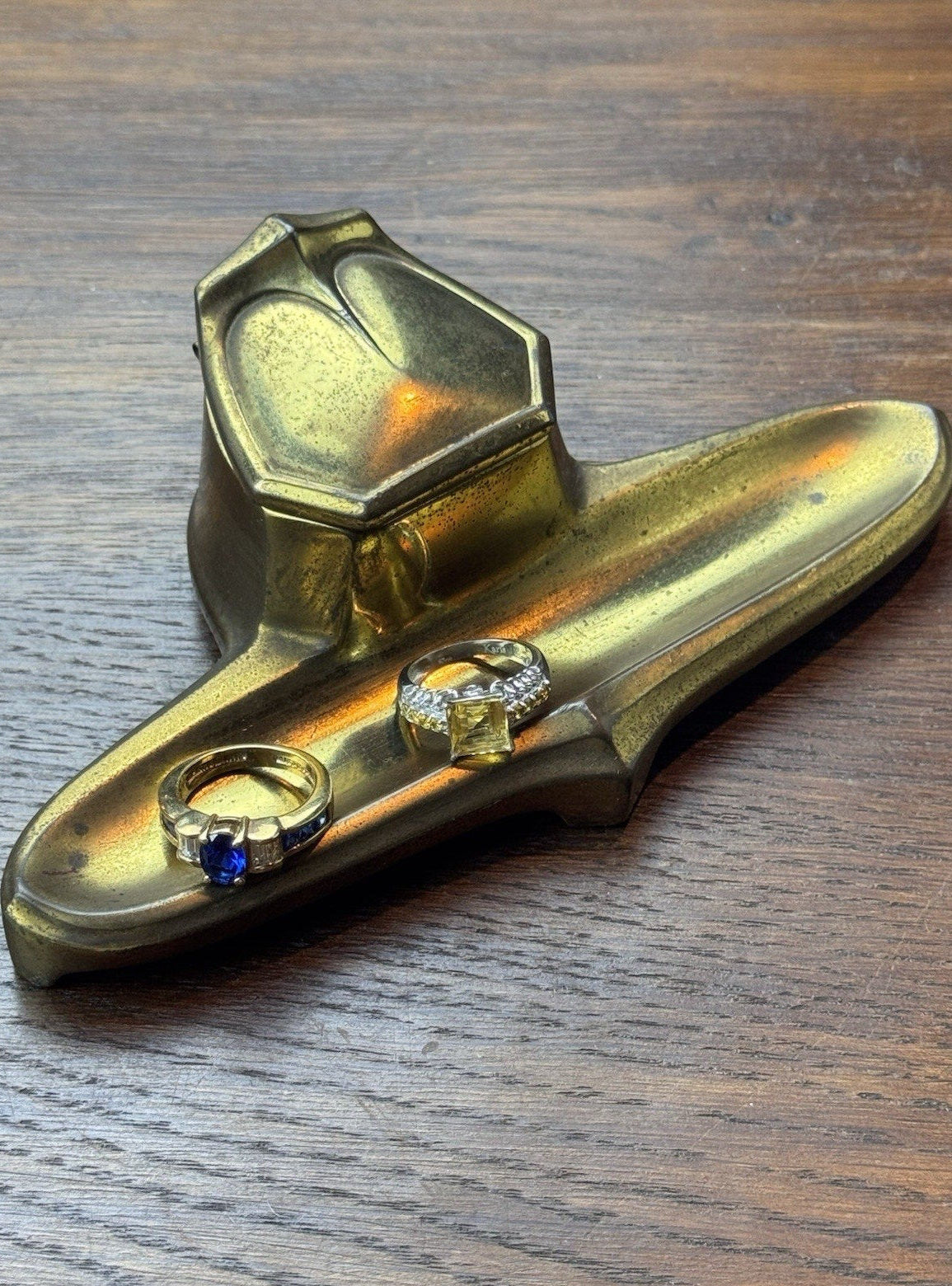 Antique Art Deco Brass Tone Ink Stand Inkwell Pen Tray 6.5” Desk Accessory