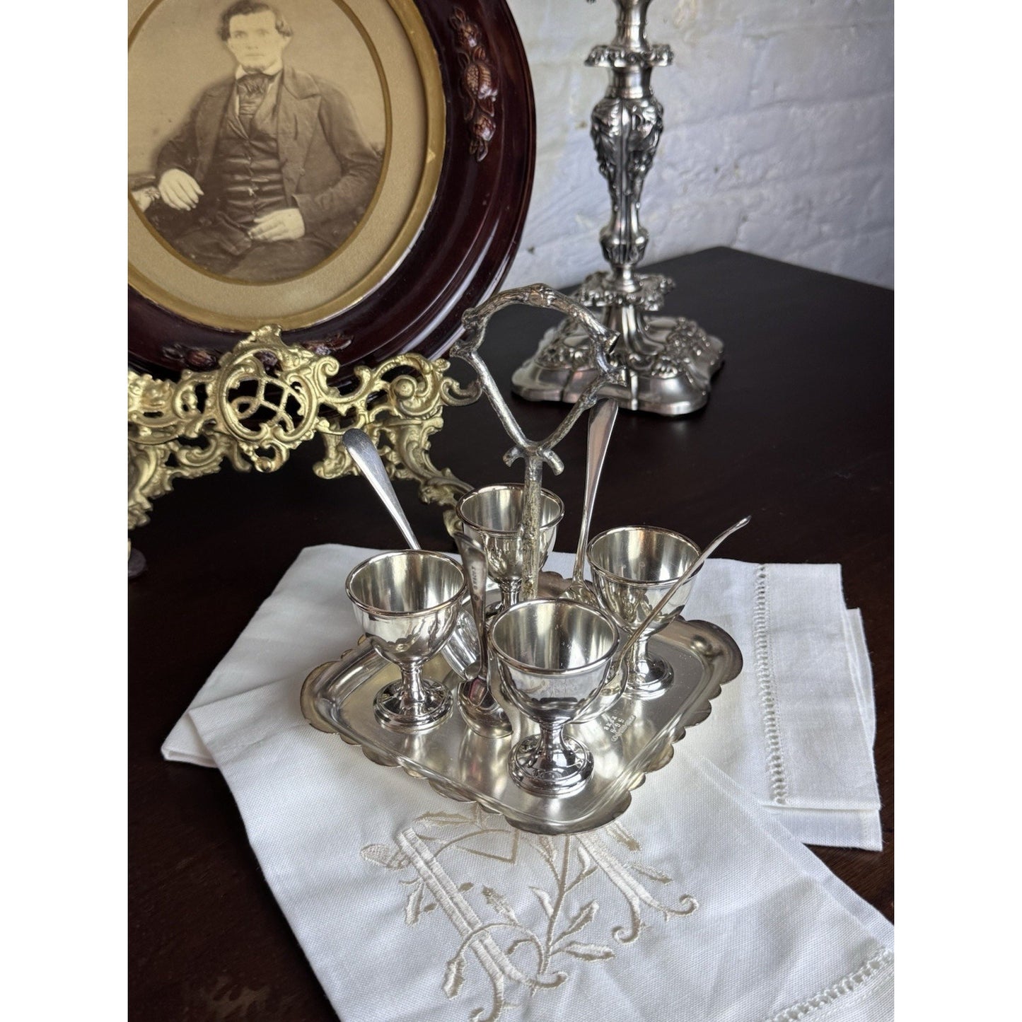Silverplate Egg Cruet Set 4 Cups Spoons Caddy F Brothers Ltd English Antique