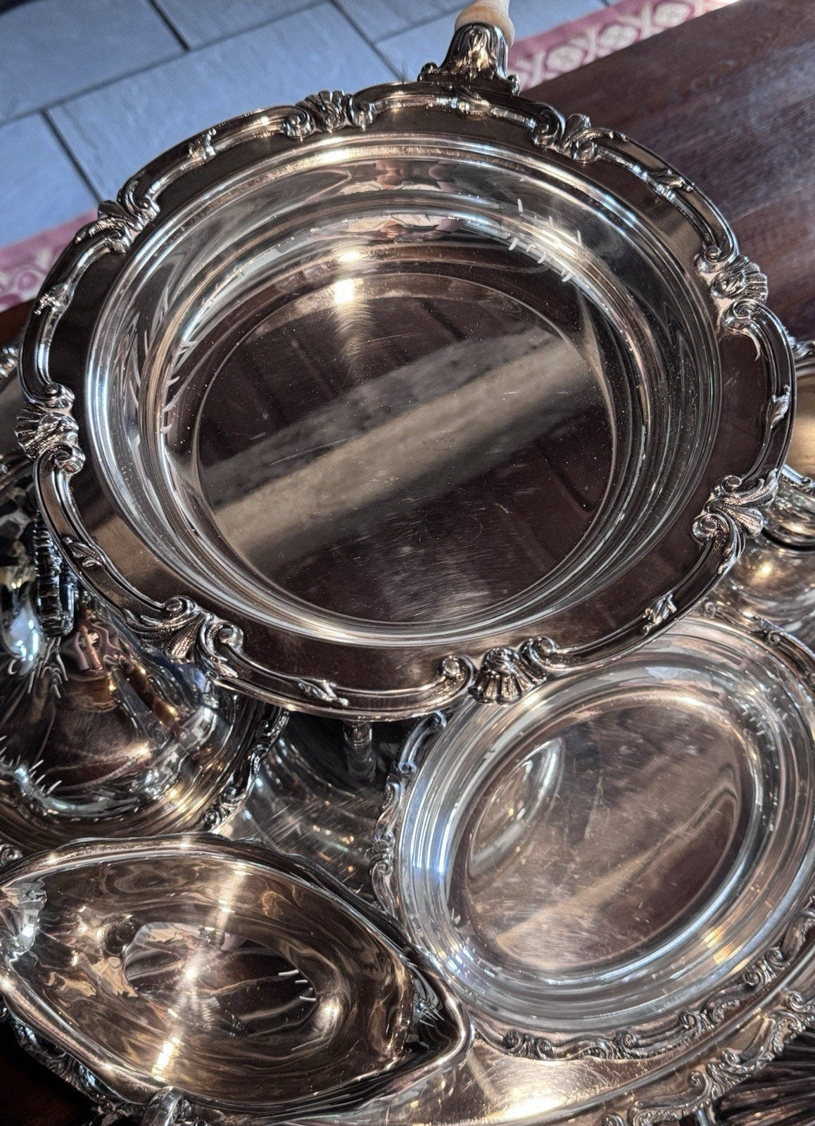 Silverplate Bain Marie Lazy Susan Server Chafing Dish 3 Covered Entree Set