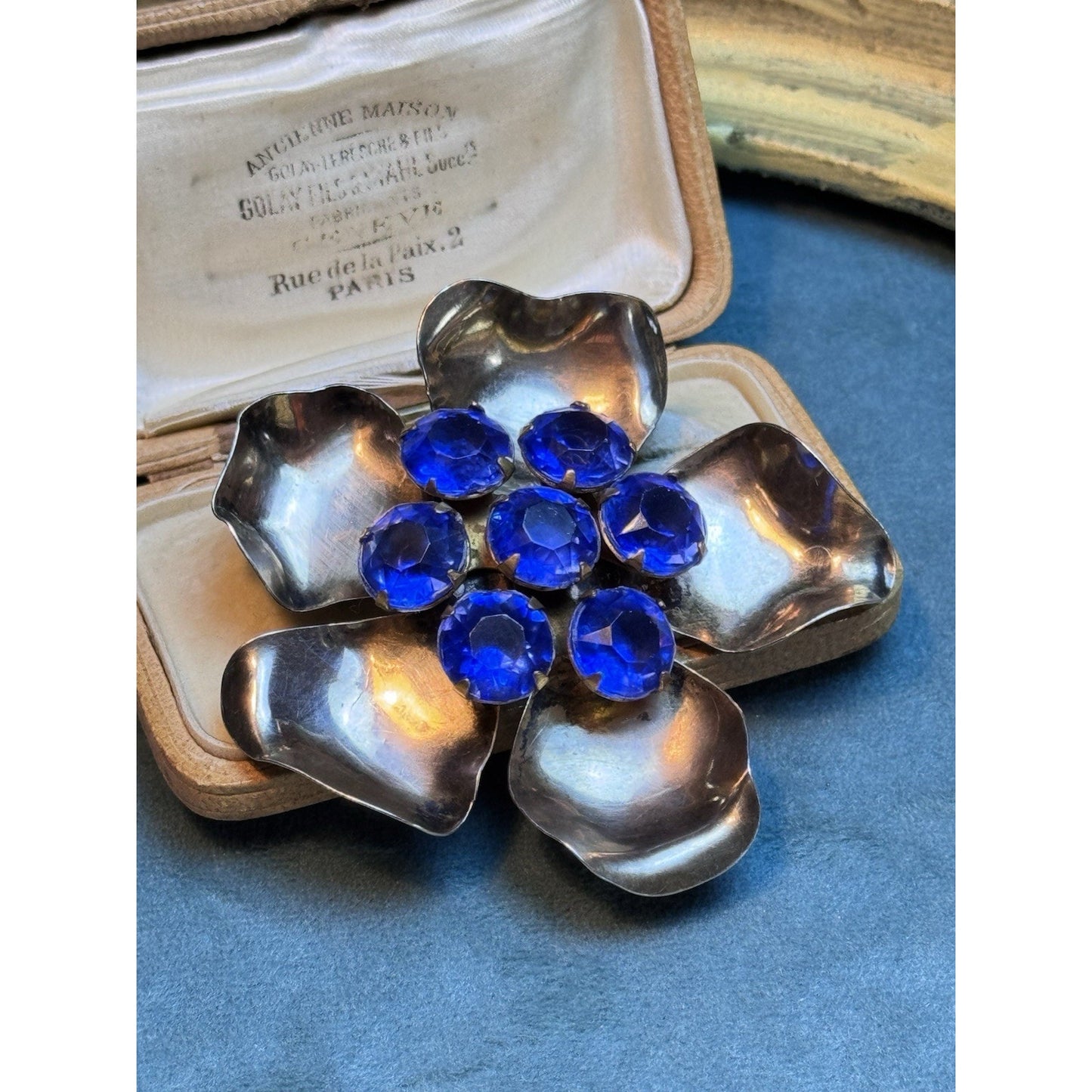 Vintage Sterling Vermeil Flower Brooch With Cobalt Blue Rhinestones