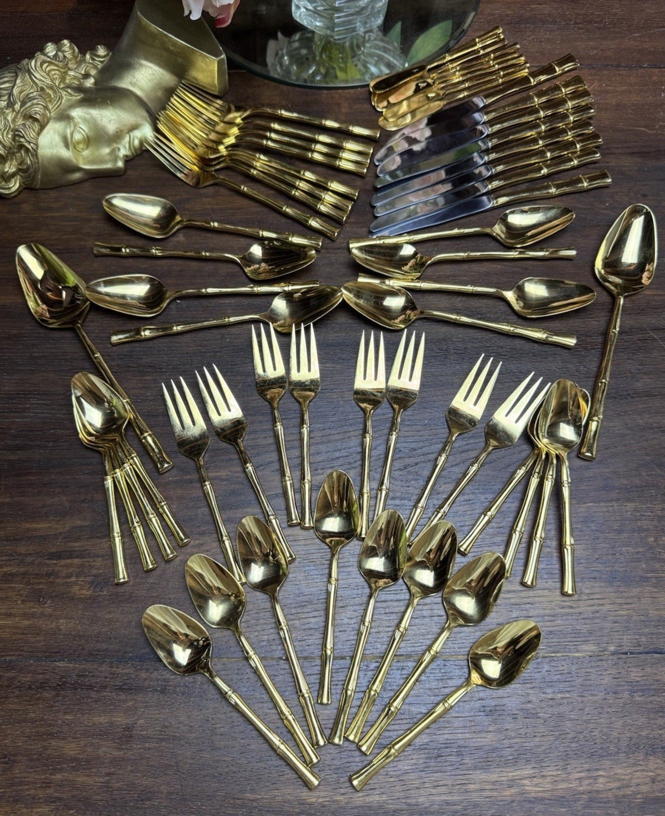 Vintage Bamboo Flatware Set Signed VS Gold Plated– 58 Pieces