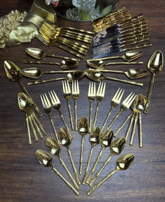 Vintage Bamboo Flatware Set Signed VS Gold Plated– 58 Pieces