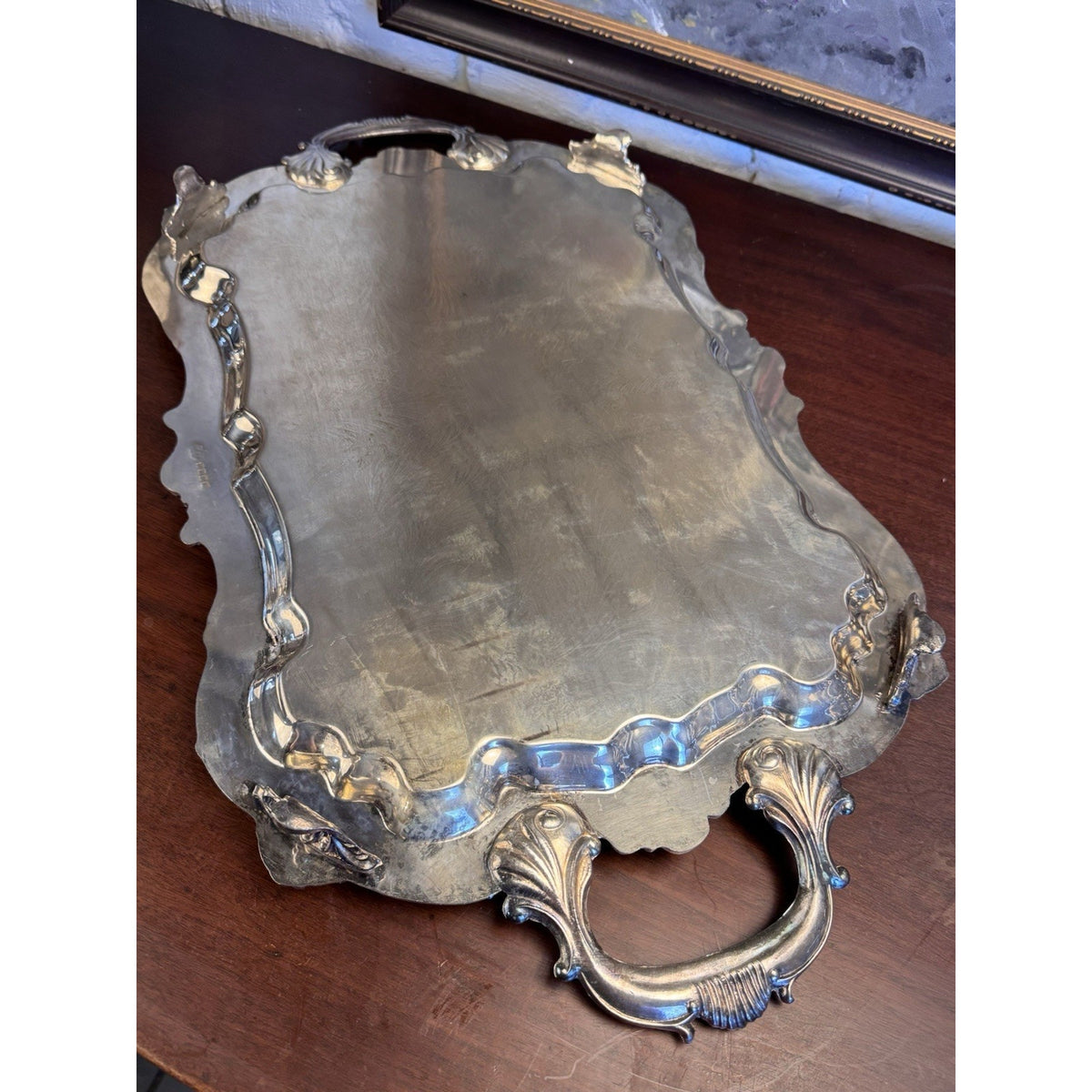 Silverplate Serving Tray Footed Handled Shell Motif Large Decorative