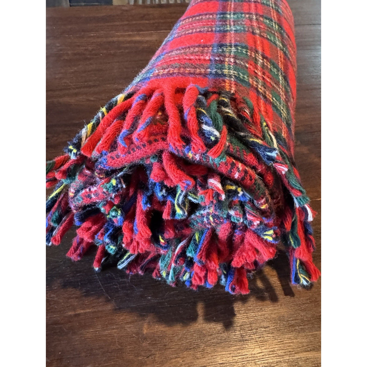Pure Wool Plaid Throw Blanket Faribo Lands End Red Tartan Fringe 66” X 52” Vintage