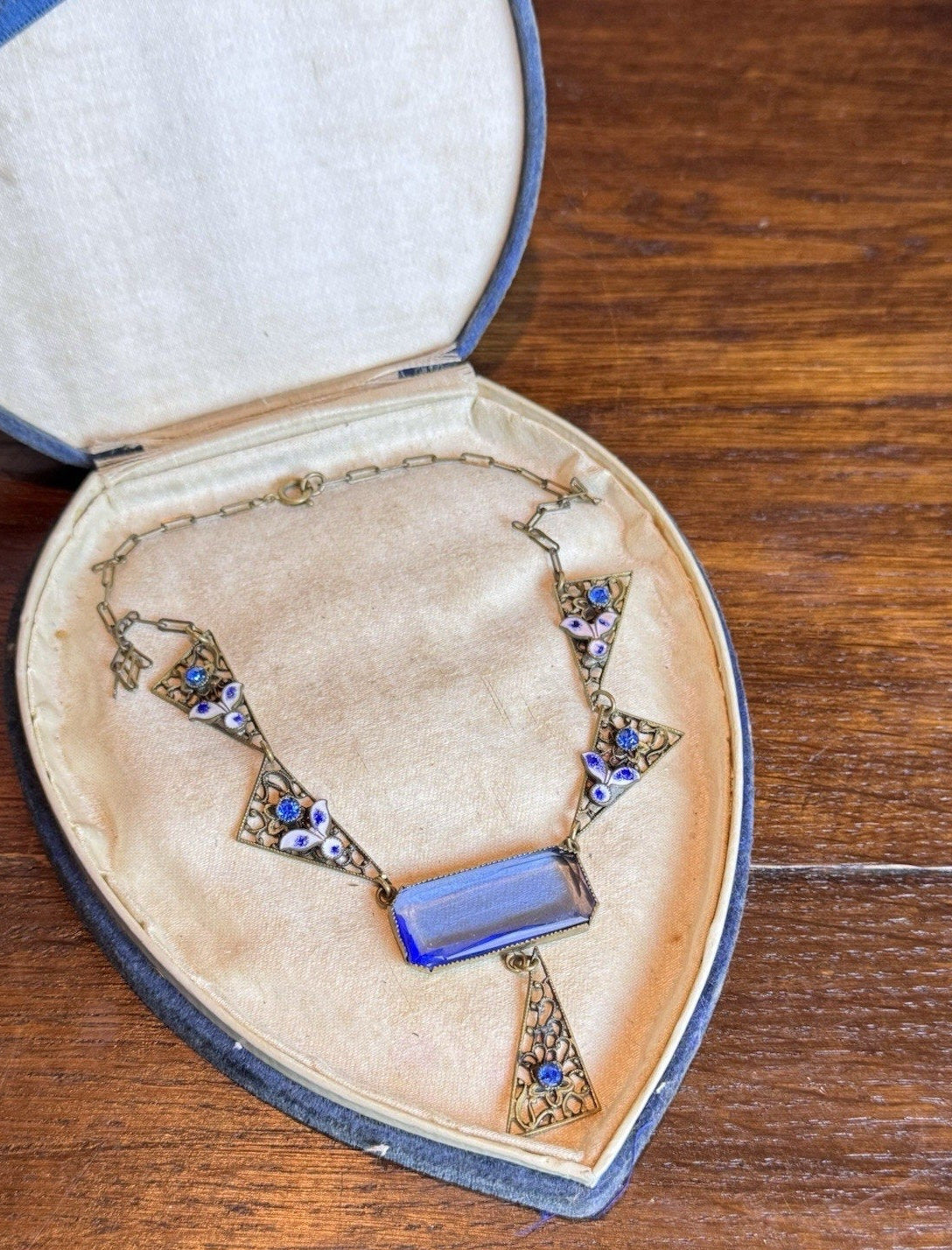 Antique Czech Necklace Blue Glass Enamel Brass Filigree Art Deco 15.5” L