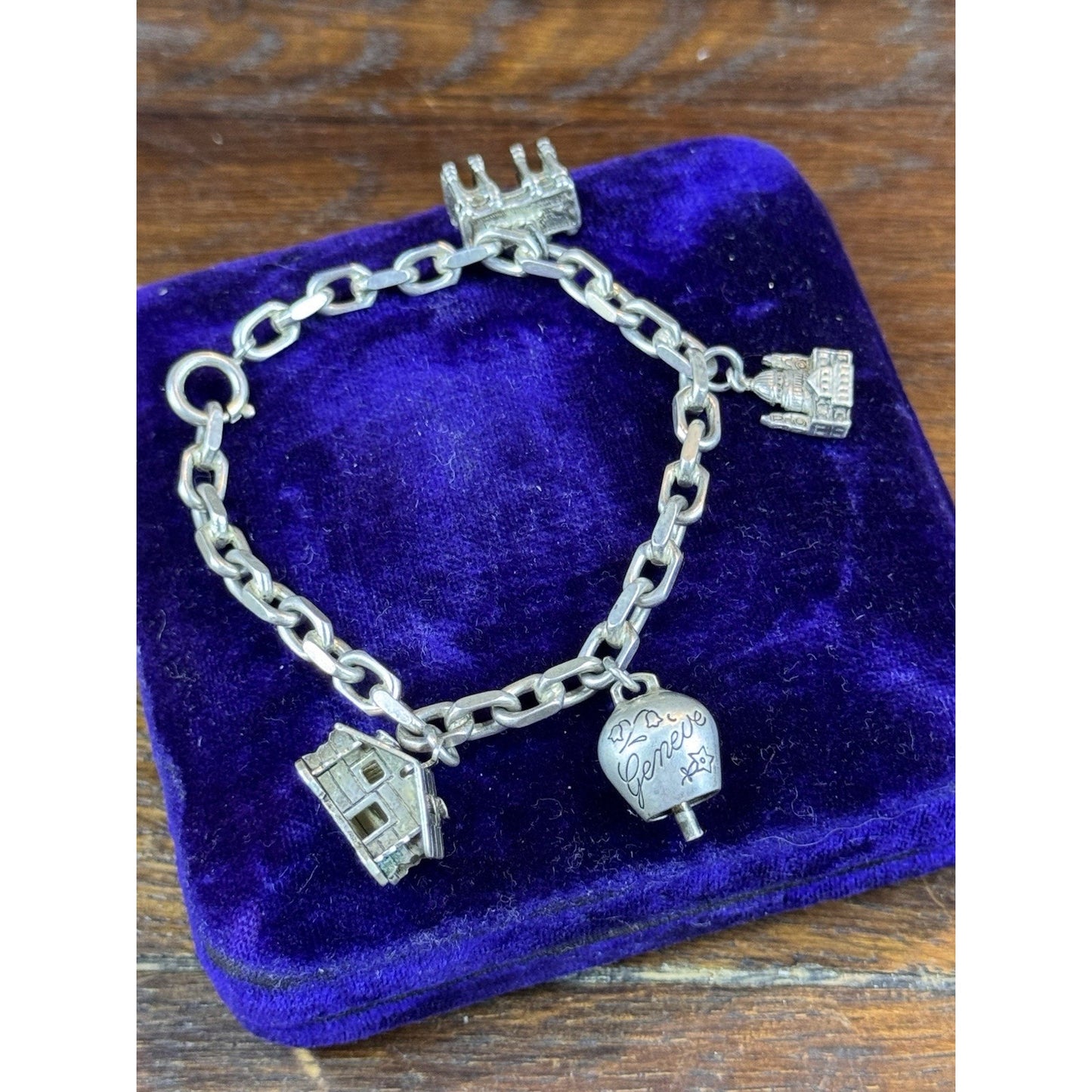 Vintage 800 Silver Charm Bracelet Geneva Swiss Travel Charms 6.25” Continental