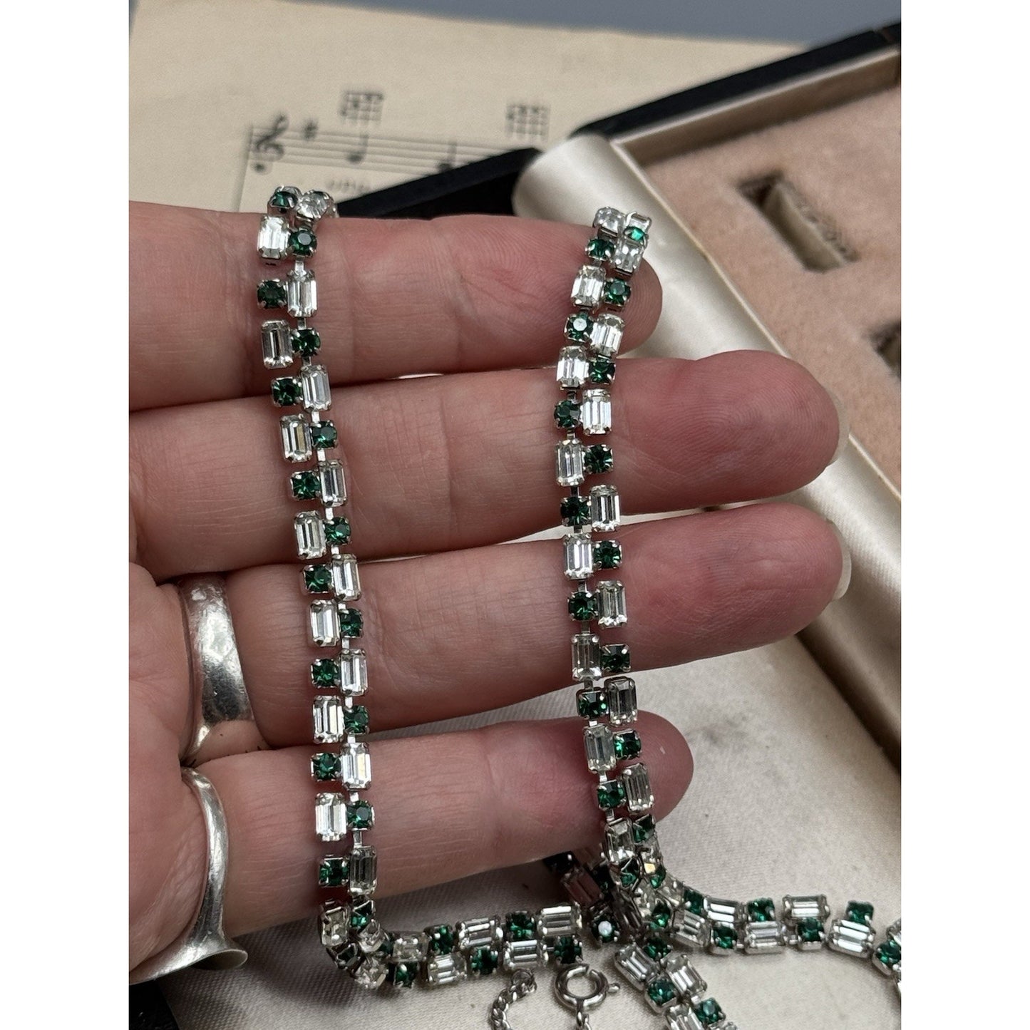 Schoffel Austria Necklace Green Clear Rhinestone Signed Vintage 15.5”