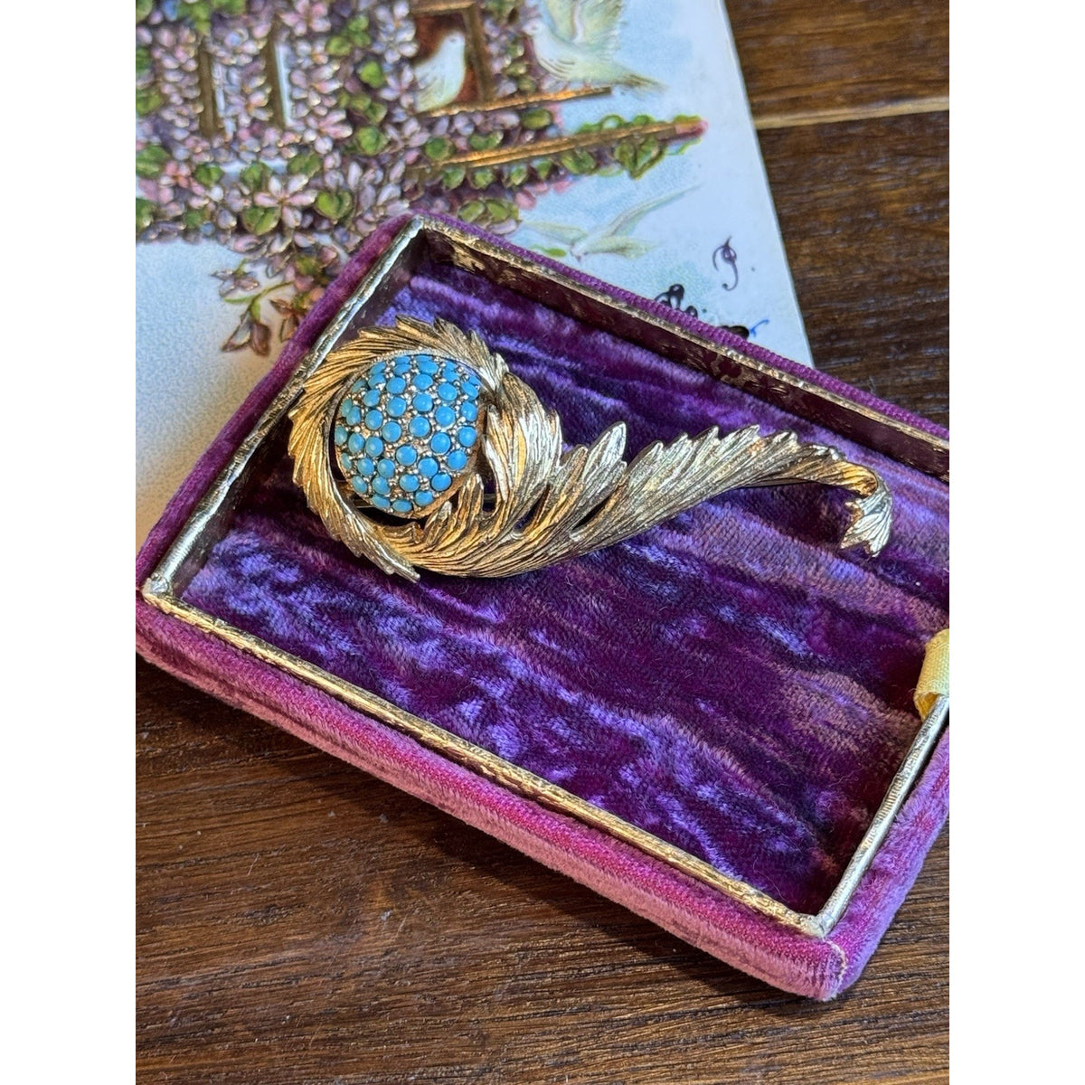 Signed Hattie Carnegie Brooch Goldtone Feather Turquoiseblue Glass 2.5”