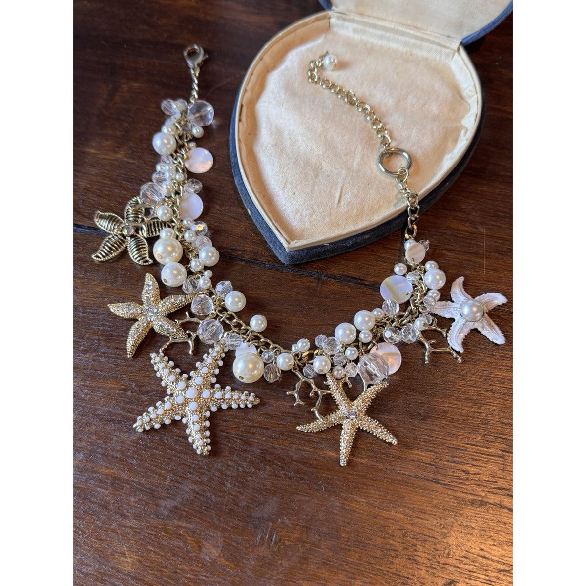 Goldtone Ocean Charm Necklace Starfish Faux Pearl Crystal Statement 19.5”