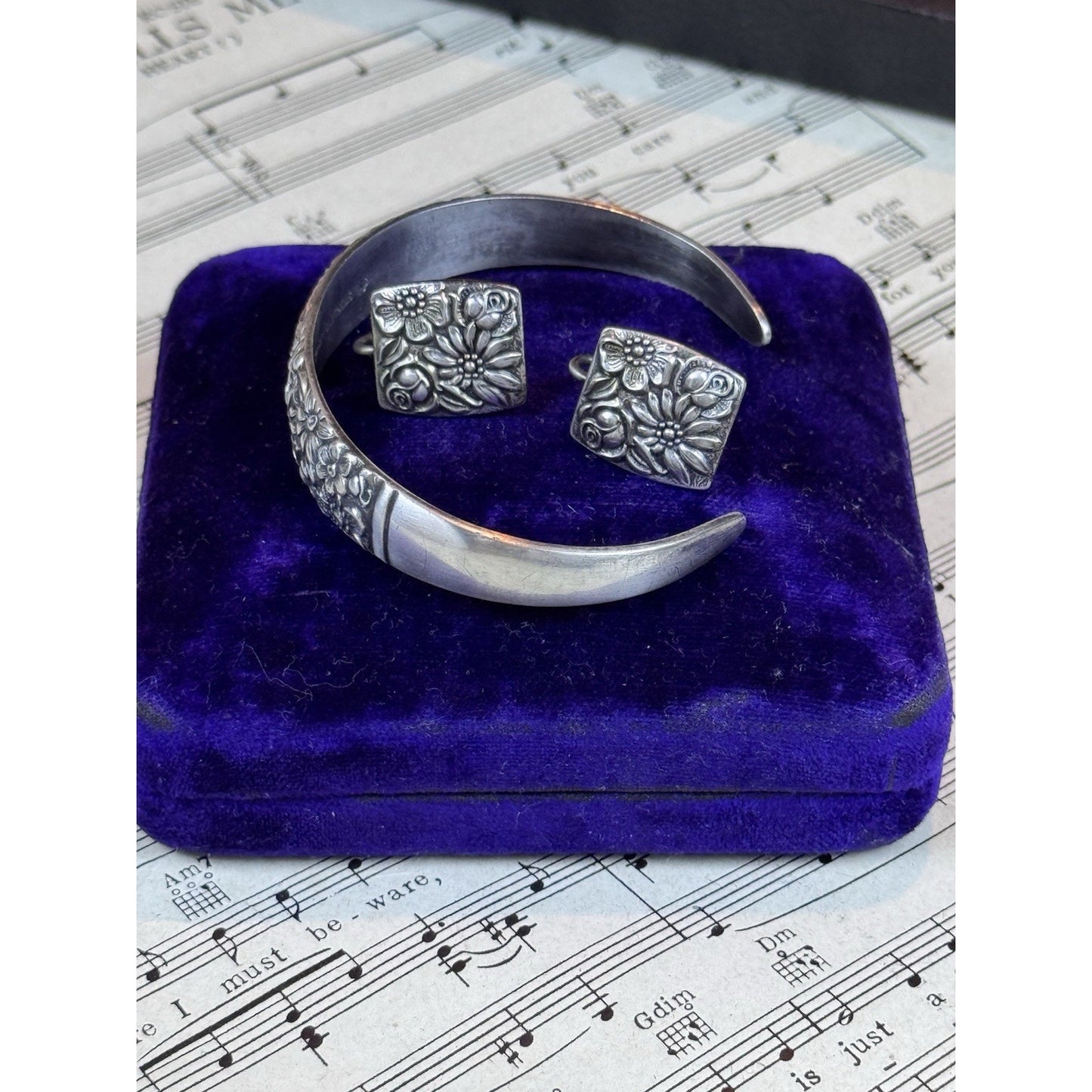 Vintage Sterling Silver Bracelet Earrings Set Contessina 1965 Floral Repoussé