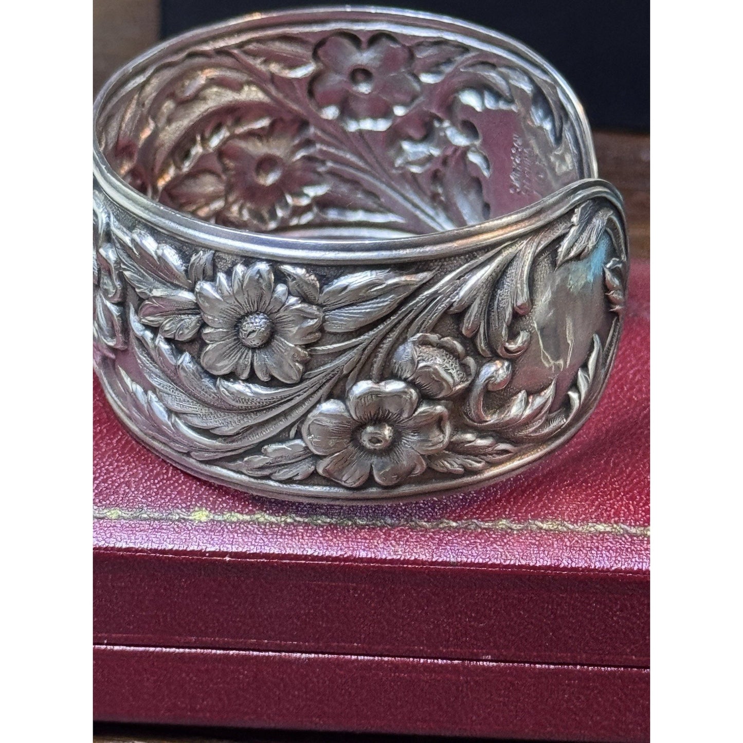 Vintage S Kirk & Son Sterling Repoussé Floral Cuff Bracelet 19F Fits 6.75”