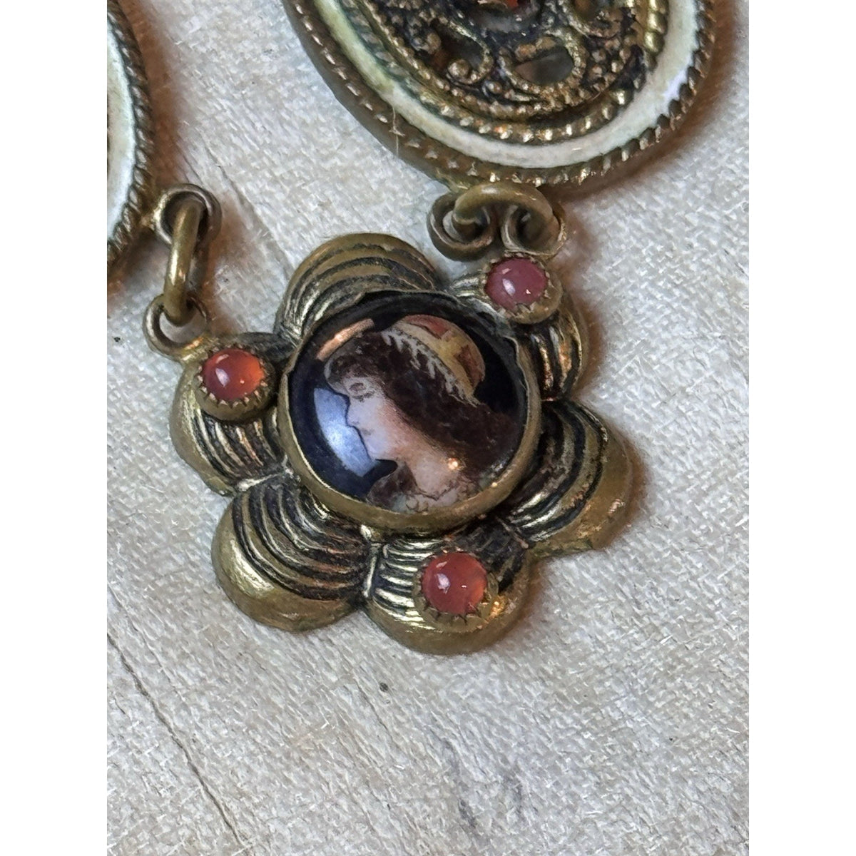 Victorian Revival Brass Necklace Portrait Links Coral Orange Glass Beads 16”