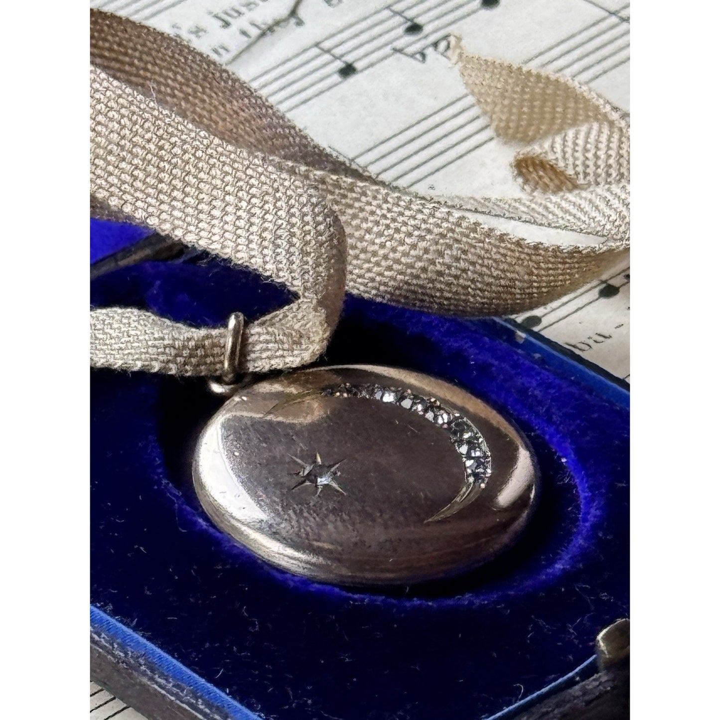 Antique Crescent Moon Locket Gold-Filled Paste Stones W&H Co 1.25” Engraved