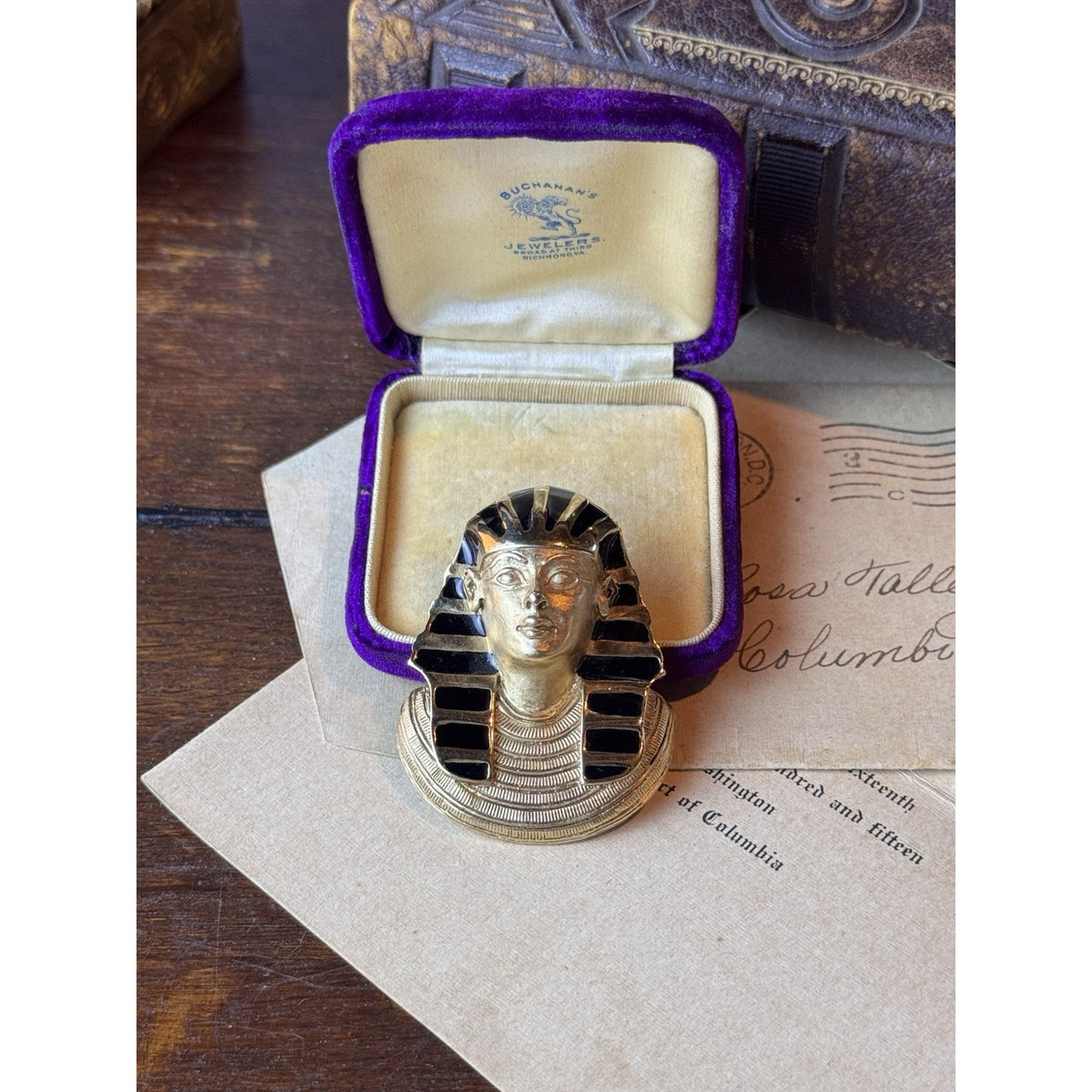 Pharaoh Tutankhamen Brooch Pendant E Pearl Egyptian Revival Black Enamel 2”