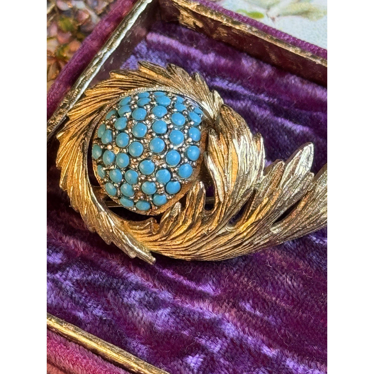 Signed Hattie Carnegie Brooch Goldtone Feather Turquoiseblue Glass 2.5”