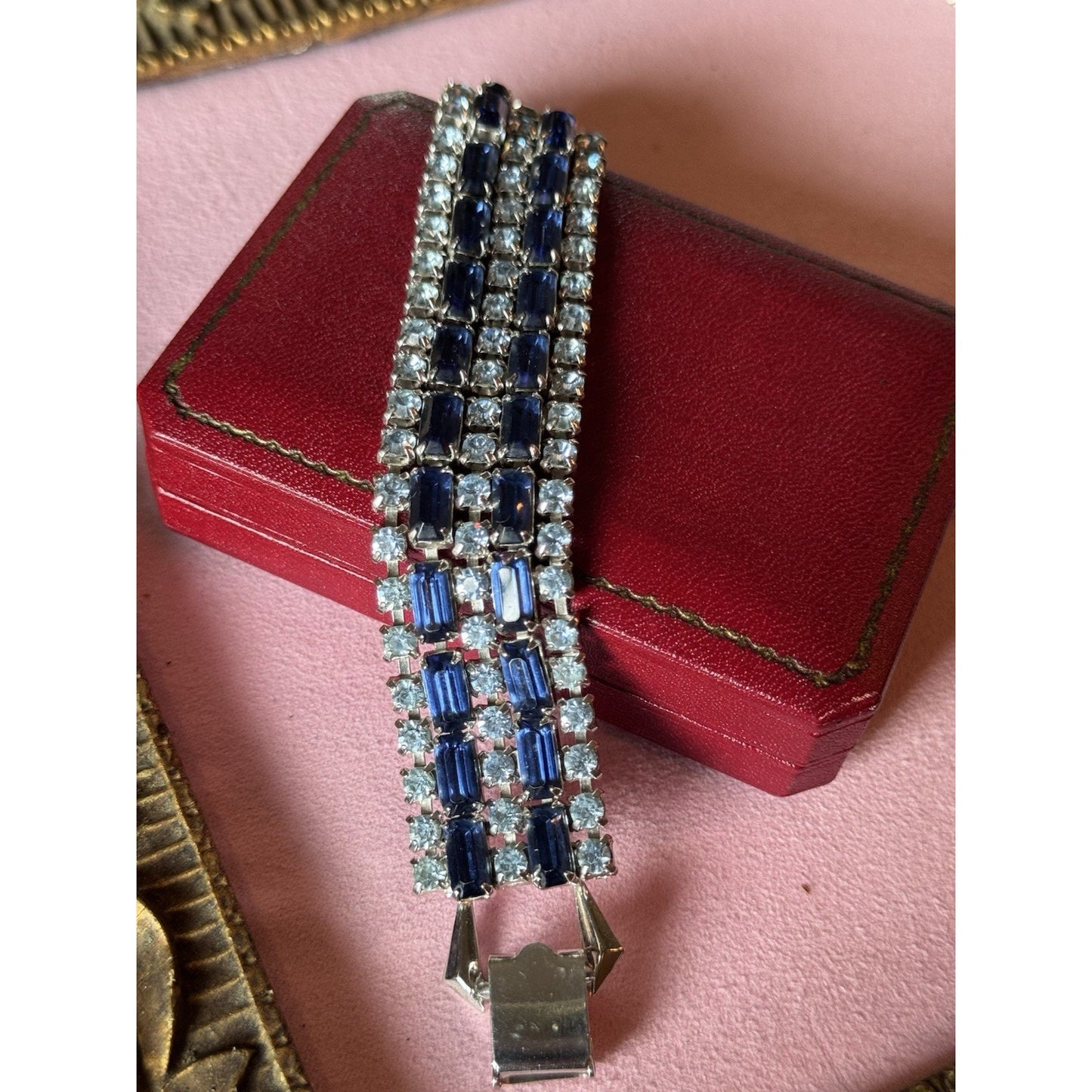 Vintage Bracelet Blue Rhinestone 5 Rows-3 Ice Blue 2 Dark Blue Silvertone 6”