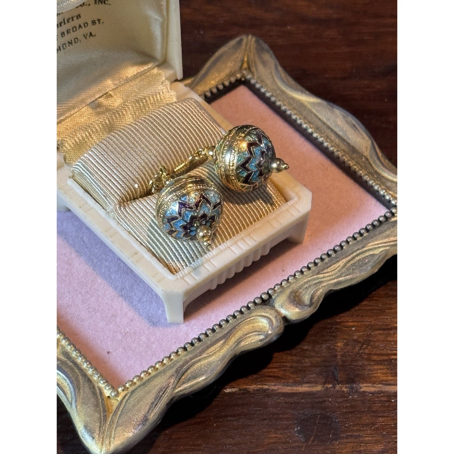 Vintage 925 Sterling Vermeil Enamel Ball Drop Earrings Turquoise Brown 1”