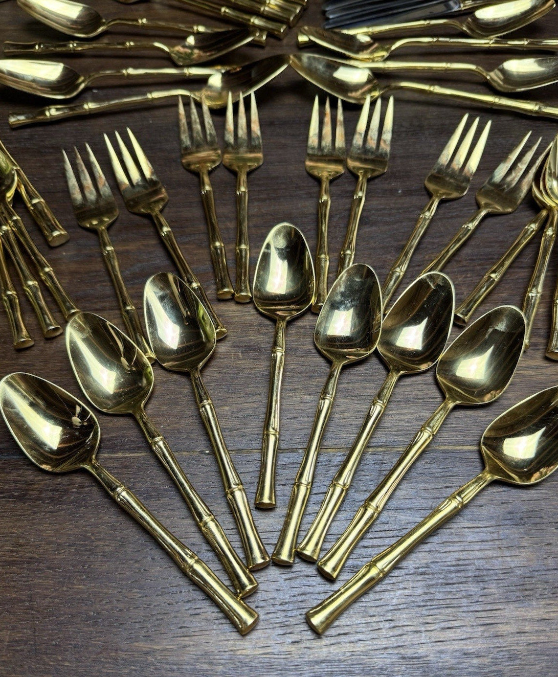Vintage Bamboo Flatware Set Signed VS Gold Plated– 58 Pieces