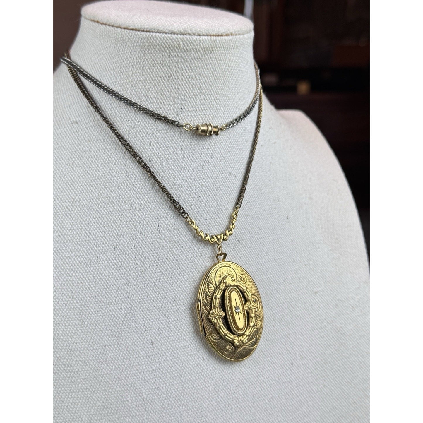 Vintage Goldtone Locket Necklace Rhinestone Floral Victorian Revival 23.5”