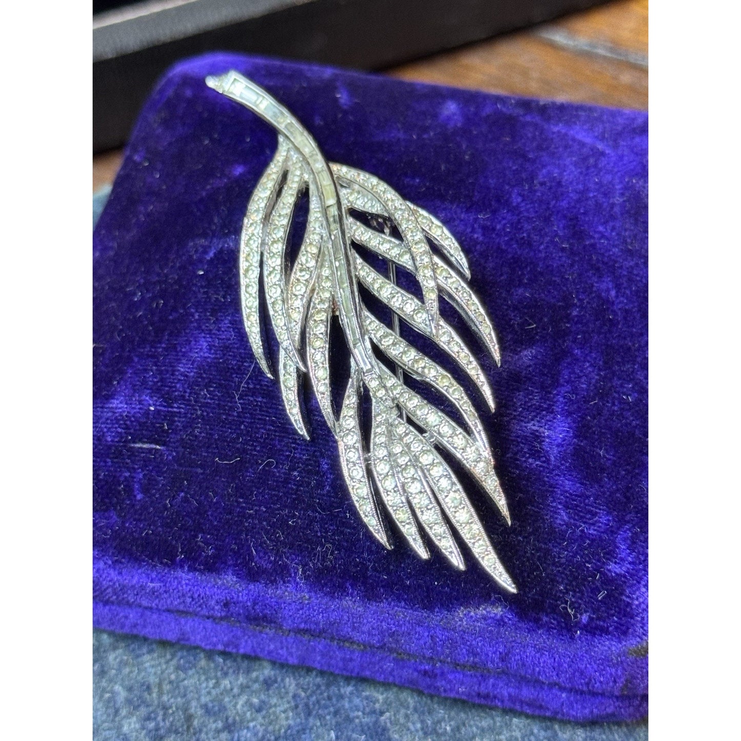 Vintage Panetta Rhinestone Feather Brooch Silver Tone Signed Designer Pin 3.5”
