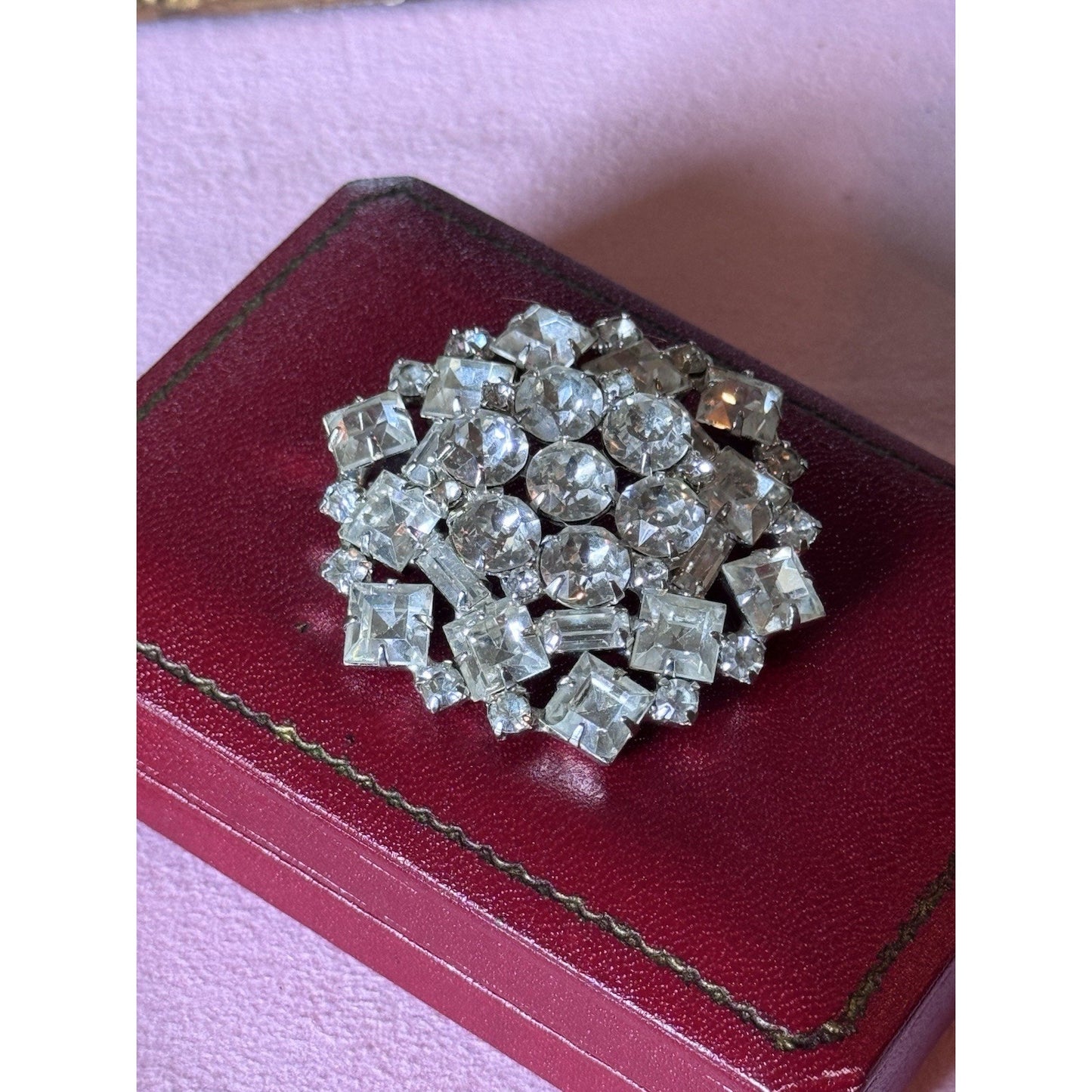 Vintage WEISS Brooch Clear Rhinestone Signed 2” Round Baguette Square
