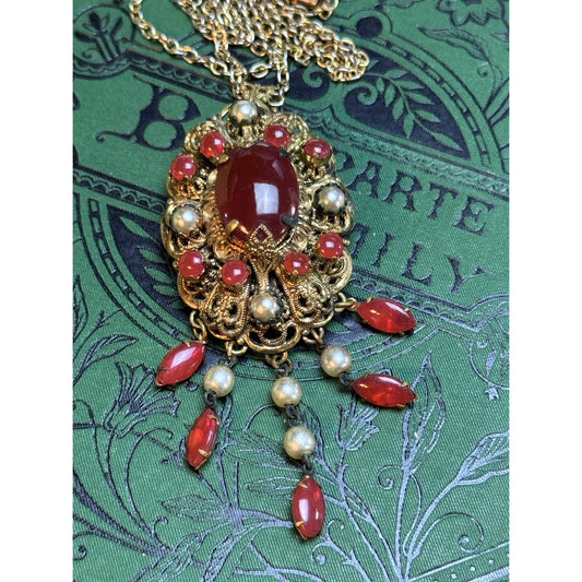 Vintage Filigree Brooch Pendant Necklace Red Art Glass Faux Pearl Dangle 27.5”