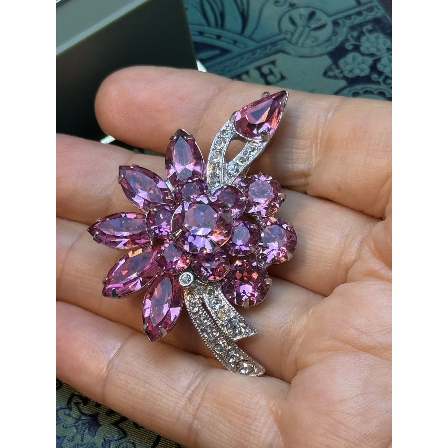 Eisenberg Ice Pink Rhinestone Floral Brooch Silver Tone Vintage Signed 2.5”