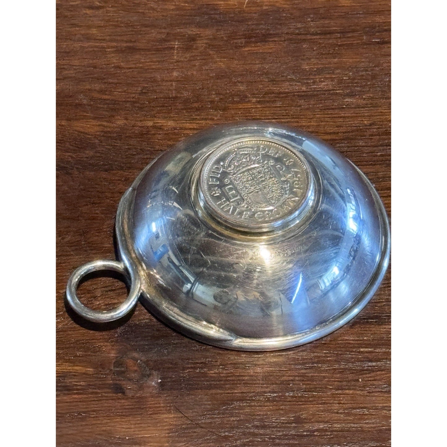 English Silverplate Wine Taster Tastevin 1957 Half Crown Coin Queen Elizabeth II