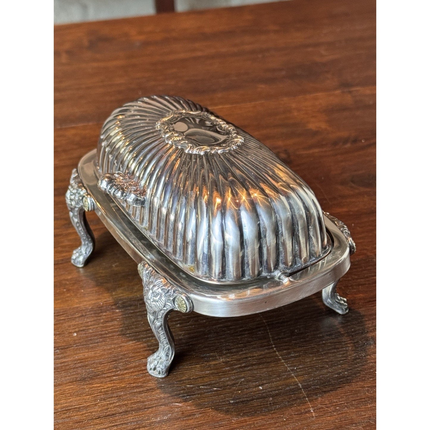 Silverplate Roll Top Butter Dish F B Rogers Silver Co Lion Feet 7.5”