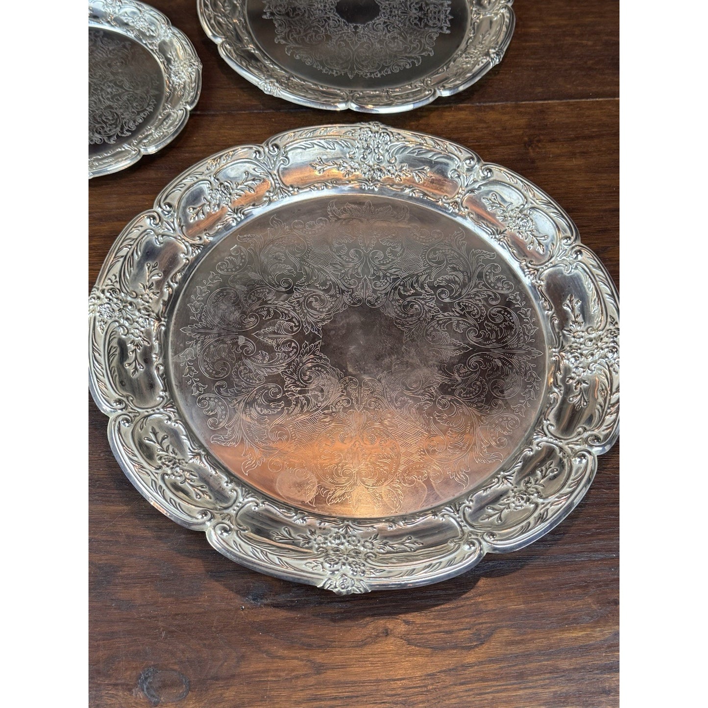 Silverplate Trays Set of 3 Leonard Repoussé Floral 14.5” 10.5” 8” VINTAGE