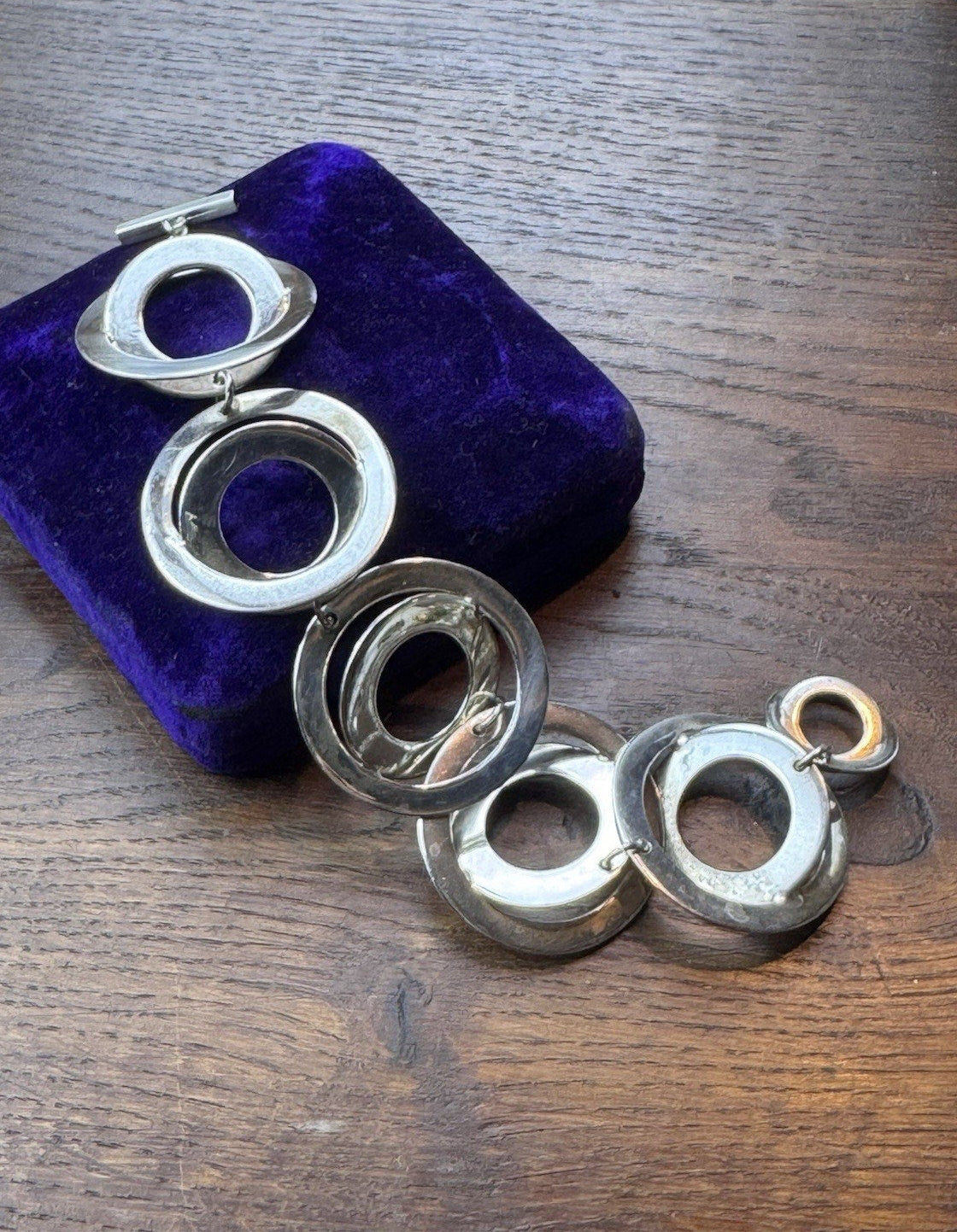 Sterling Silver Modernist Bracelet 6.25” Sculptural Circle Links Toggle 61.2g