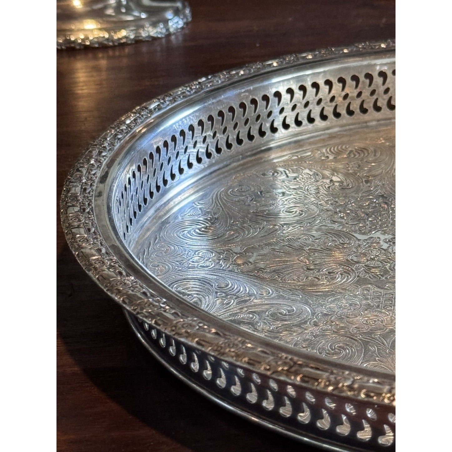Silverplate Gallery Tray 12” Round Camelot Pattern IS Silver Ornate Serving Tray