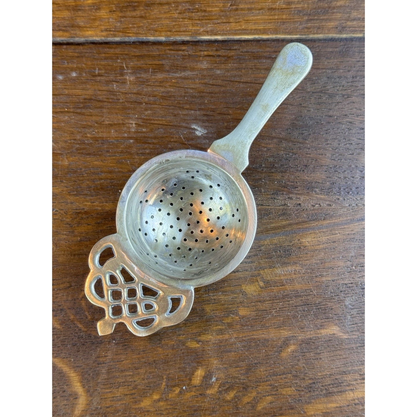 Vintage Silverplate Tea Strainer With Stand 9” Pierced Crown Handle Shabby Chic
