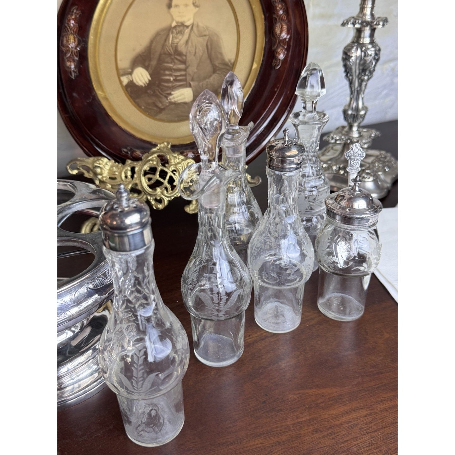 Antique Rogers Smith Silverplate Cruet Set Etched Glass 6 Bottles 13.5” Tall